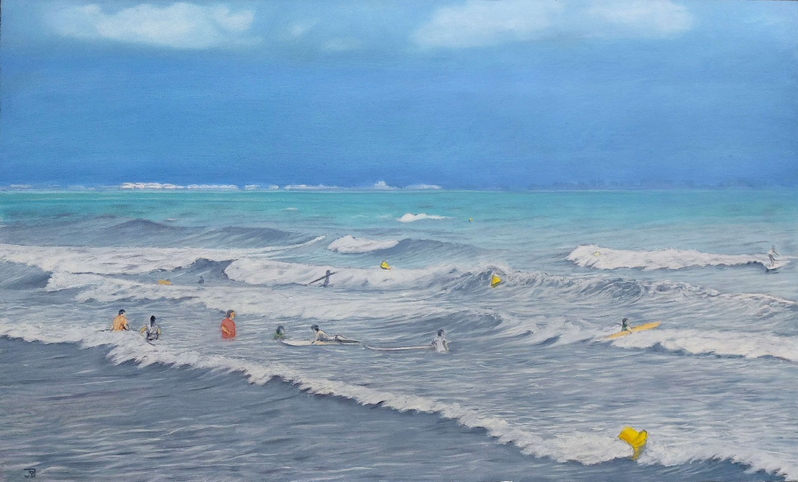 Óleo realista “Surfistas con borrasca” con olas fuertes y figuras en acción – Joaquín Pardo