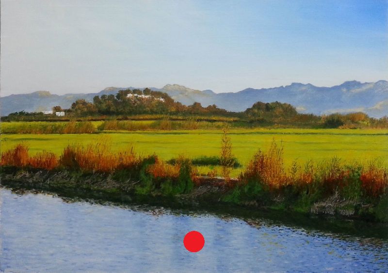 Paisaje con la Muntanyeta dels Sants al fondo, campos y agua en primer plano, montañas lejanas y cielo despejado.