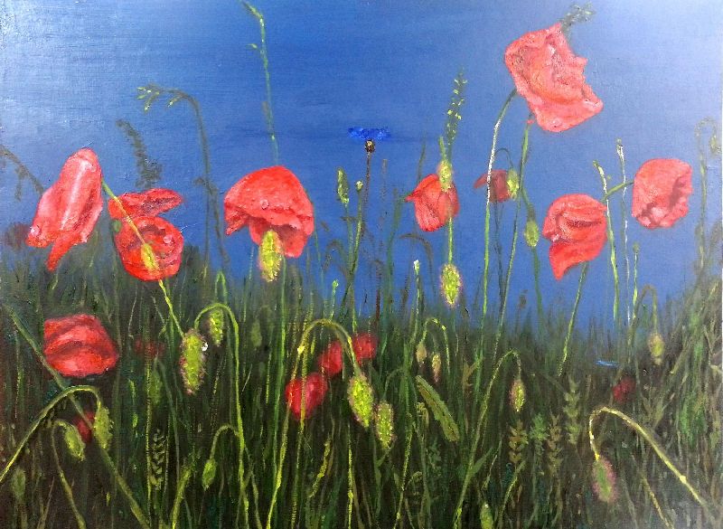 Pintura al óleo original de un campo de amapolas en medio de una tormenta por Joaquin Pardo