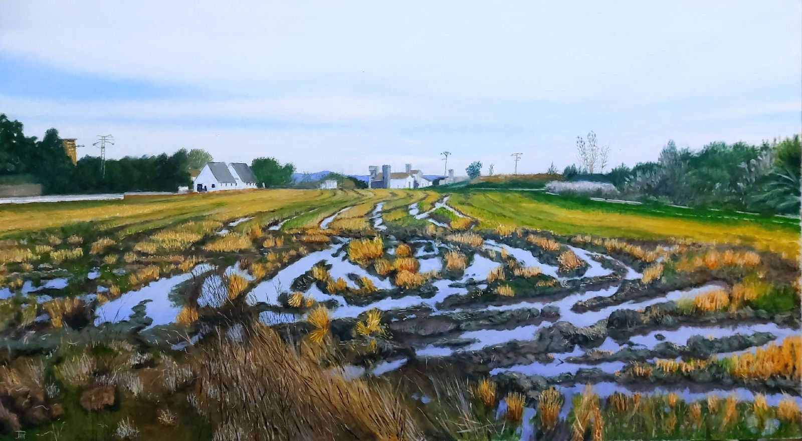 Óleo realista “Dos barracas en el campo embarrado” con arrozal húmedo y barracas al fondo – Joaquín Pardo