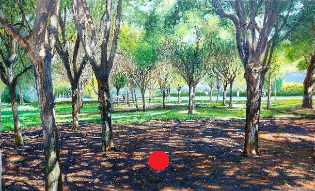 Óleo realista “Jardín del Turia – Exposición” con arboleda densa y luz entre los árboles – Joaquín Pardo