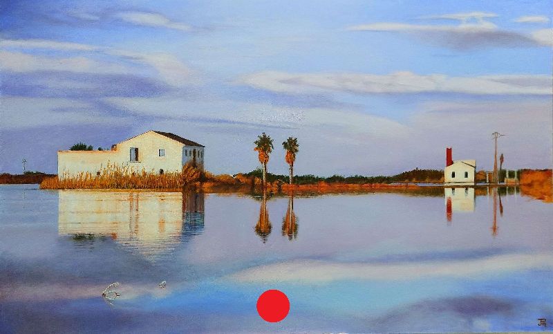 Óleo realista “Atardecer en la casa Lliberós” con luz cálida y paisaje rural – Joaquín Pardo