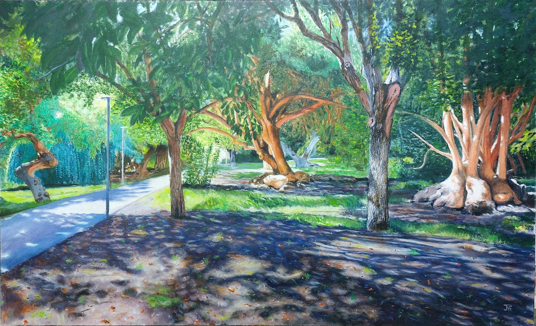 Óleo realista “Jardín del Turia – Ciudadela” con árboles de formas irregulares y sendero iluminado – Joaquín Pardo