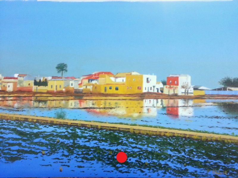 Casas de colores reflejadas en un campo inundado, con un cielo despejado y una palmera entre las edificaciones.