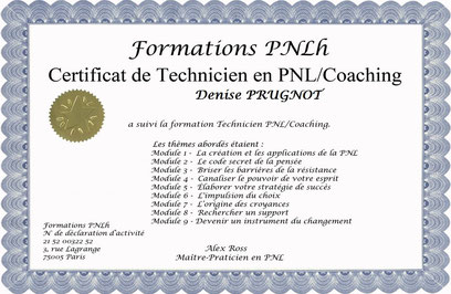 Certificat technicien PNL/coaching Denise Prugnot à Troyes