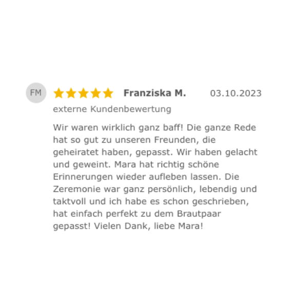 5 Sterne Bewertung und glückliche Gäste mit Traurednerin Mara Scherzinger