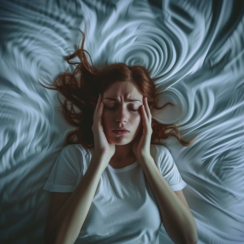 Woman in bed suffering from a BPPV episode
