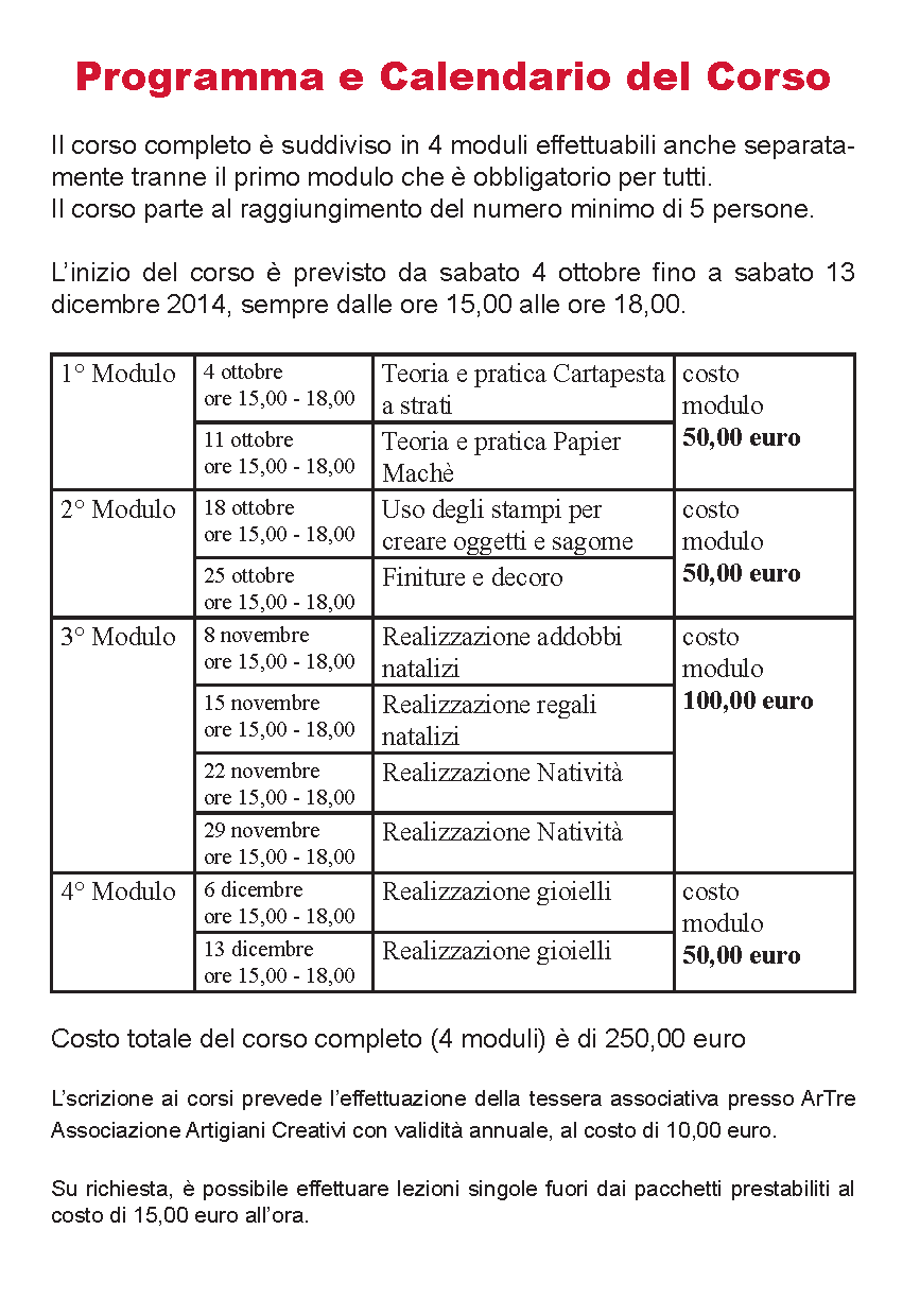 Corso di Cartapesta Artistica  dal 4 Ottobre al 13 Dicembre 2014  