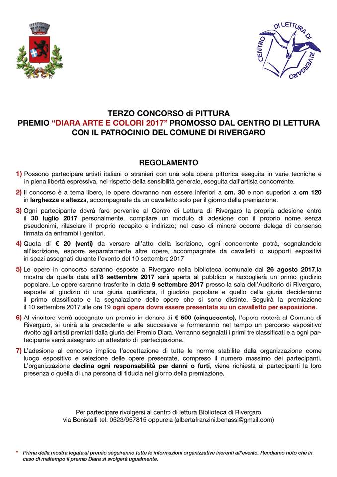 TERZO CONCORSO di PITTURA PREMIO “DIARA ARTE E COLORI 2017” PROMOSSO DAL CENTRO DI LETTURA CON IL PATROCINIO DEL COMUNE DI RIVERGARO