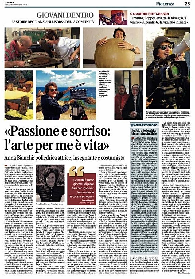 quotidiano Libertà mercoledì 5 ottobre Anna Bianchi  - articolo di Elisa Malacalza