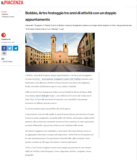 Bobbio, doppio appuntamento con Artre „Bobbio, Artre festeggia tre anni di attività con un doppio appuntamento“  www.ilpiacenza.it/eventi/artre-mostra-dialoghi-luce-bobbio-16-agosto-2017