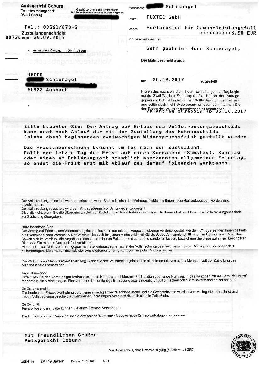 Gerichtlicher Mahnbescheid FUXTEC Erfahrungen