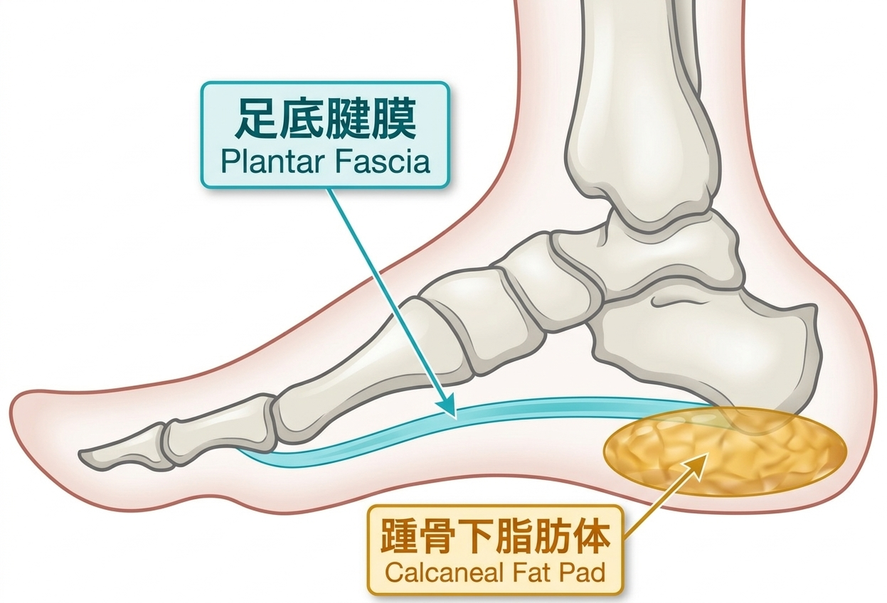 かかとの痛む場所とクッション（踵脂肪体）の位置イラスト