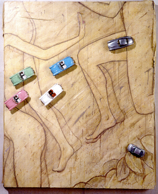 Drive-6 cars,45"x35", oil and model car on board, 2001