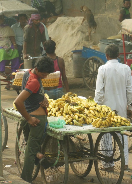 2013 A Banana Vendor in New Delhi checks his Sandal while awaiting Customers