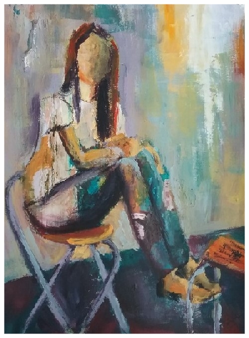 Girl on a stool. Acrylics on paper. 30 x 40 cm. 200 €