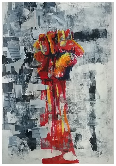 Praying hands II. Mixed media on paper. 45 x 65 cm
