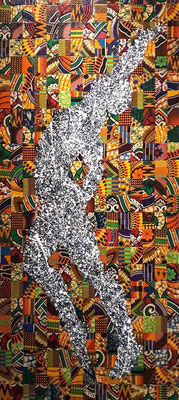 Stardust, 2021 (360°) Acrylic, African wax fabric, up-cycled wood, tissue on board 21in x 46in SOLD