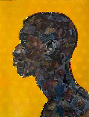 Profile, 2021. Newsprint, African wax print on paper, acrylic. 12in x 16in SOLD