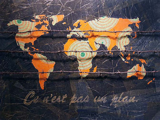 The Treachery of Xenophobia, 2021. Acrylic, fabric, wire, fabric pattern tissue on board. 39.5in x 30in