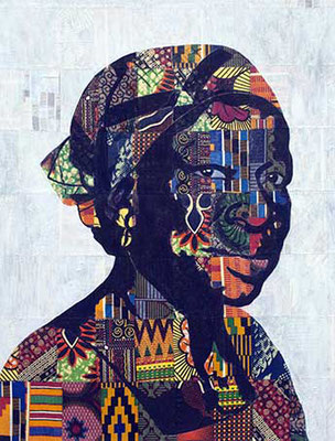 Ms. Odile, 2021 (Inspired by a photo by Joana Choumali) Oil, acrylic, African wax fabric on canvas 20in x 24in SOLD