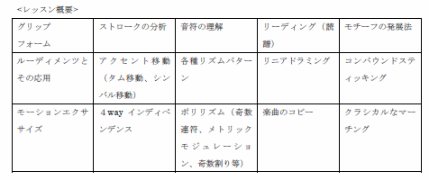 グリップ,　フォーム,　ストロークの分析,　読譜,　ルーディメンツ,　リズムパターン,　リニアドラミング　