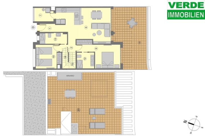 Grundriss mit Balkon und Dachterrasse