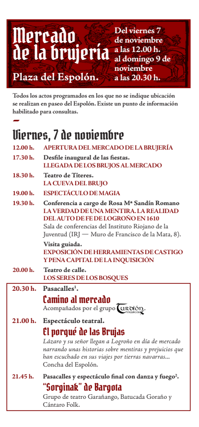 Programa del Auto de Fe y Mercado de la Brujeria en Logorño Brujas de Zugarramurdi