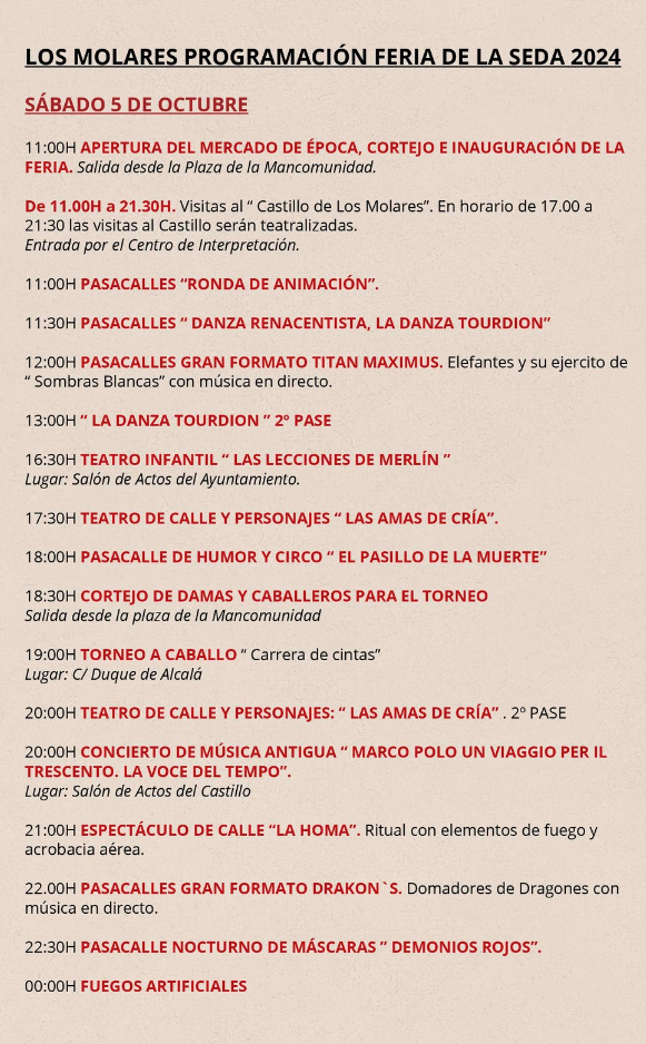 cuando es que dias horarios programa feria de la seda los molares