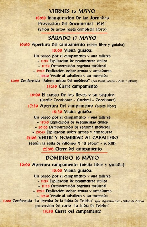 Programa de las Jornadas de Recreacion Historica en el Castillo de San Servando en Toledo