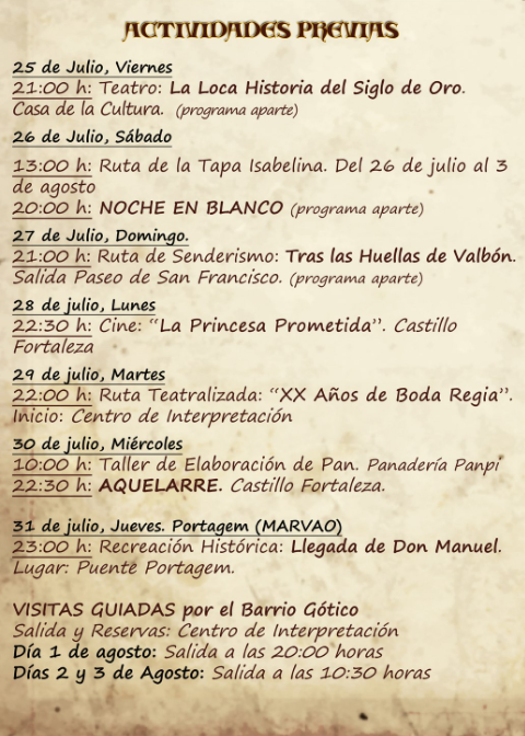 Programa de la Boda Regia en Valencia de Alcantara Festival Transfonterizo