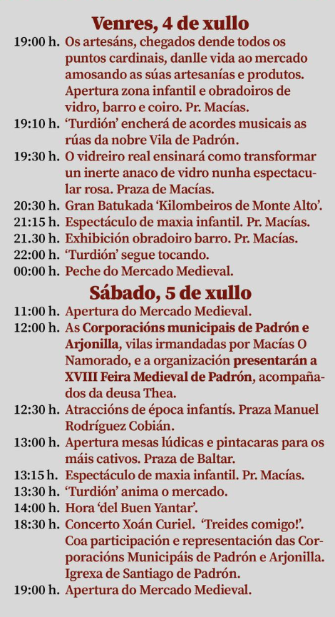 Programa de a Feira Medieval de Padron