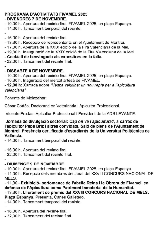 Programa de Fivamel en Montroy Feria Valenciana de la Miel