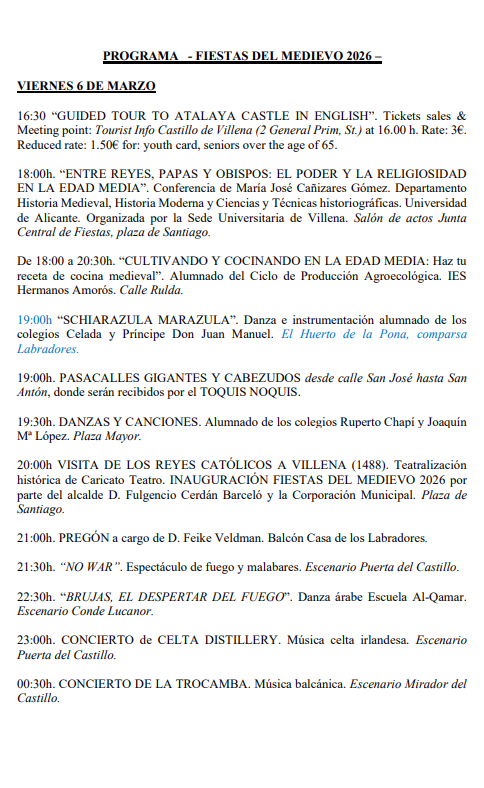Programa de las Fiestas del Medievo en Villena