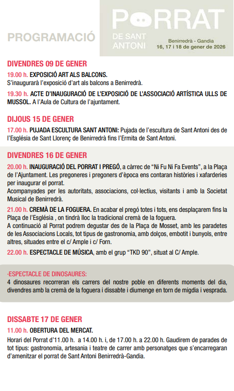 Programa del Porrat de Sant Antoni y Mercado Medieval en Benirredra