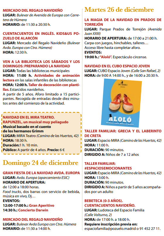 Programa de la Navidad en Pozuelo de Alarcon