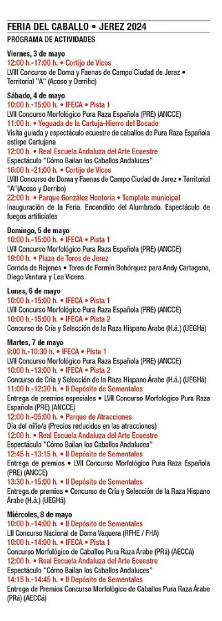 Programa de la Feria del Caballo en Jerez de la Frontera