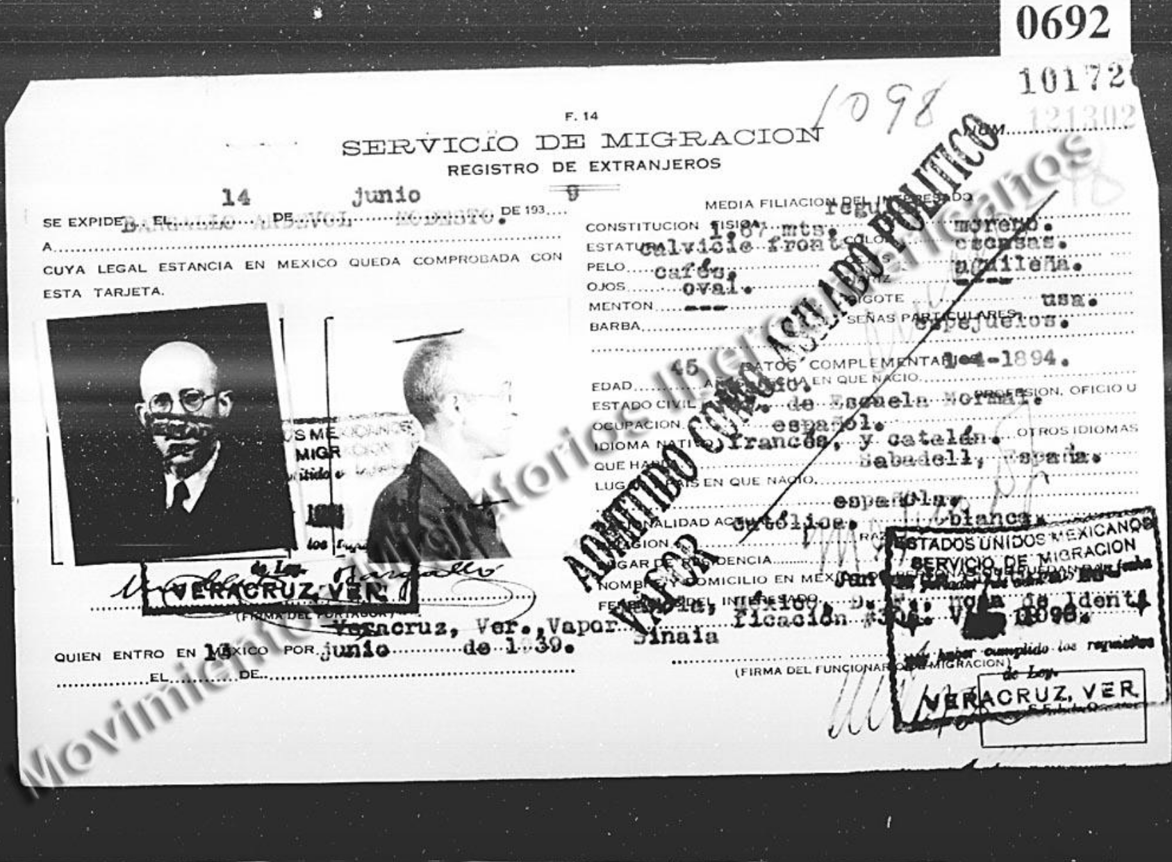 Ficha migratoria de Modesto Bargalló Ardévol