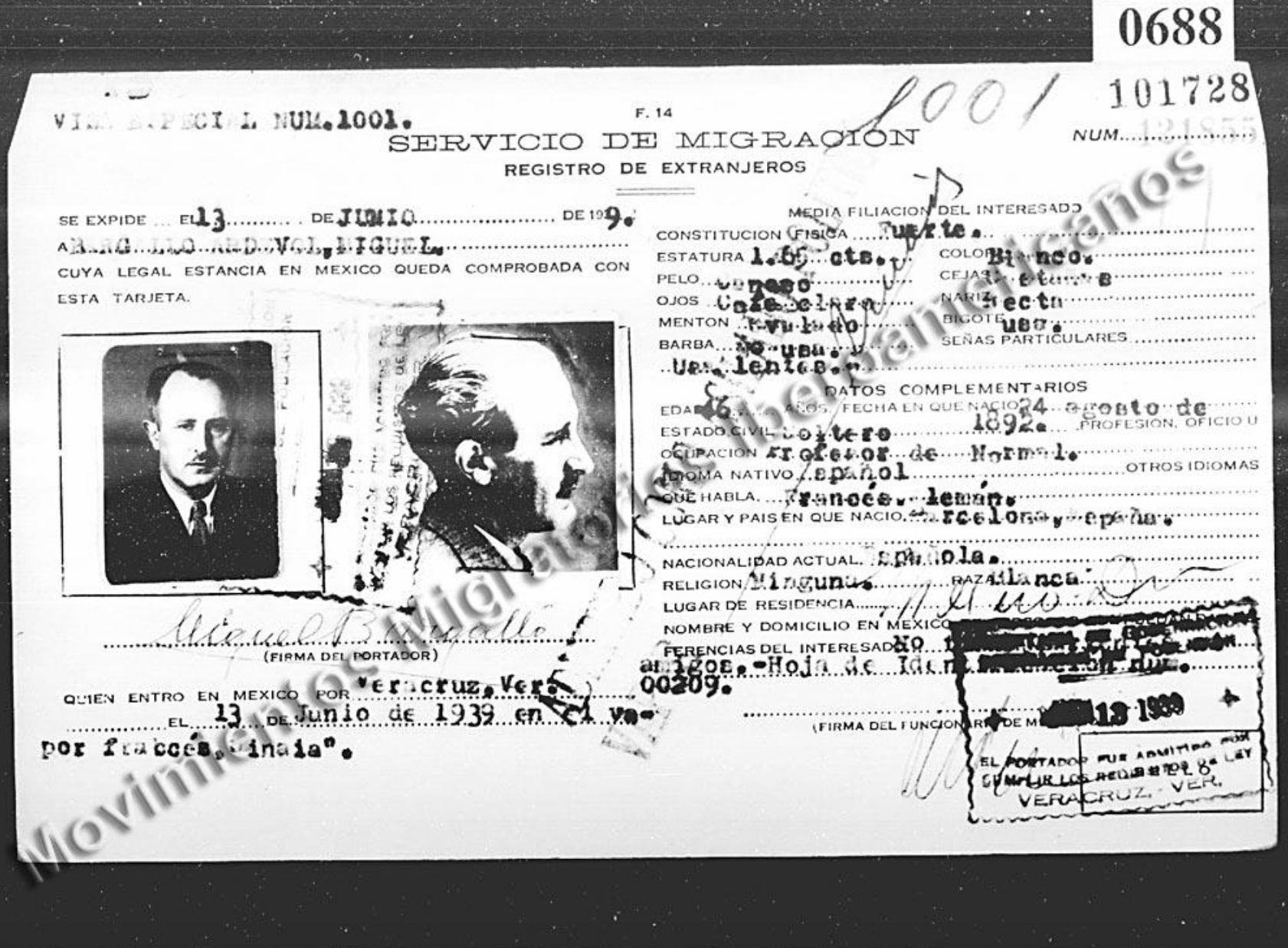 Ficha migratoria de Miguel Bargalló Ardévol