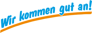 You see the slogan of the freight forwarder, which is "Wir kommen gut an!". In English it's We arrive reliably! The four words are light blue, the line below is orange.