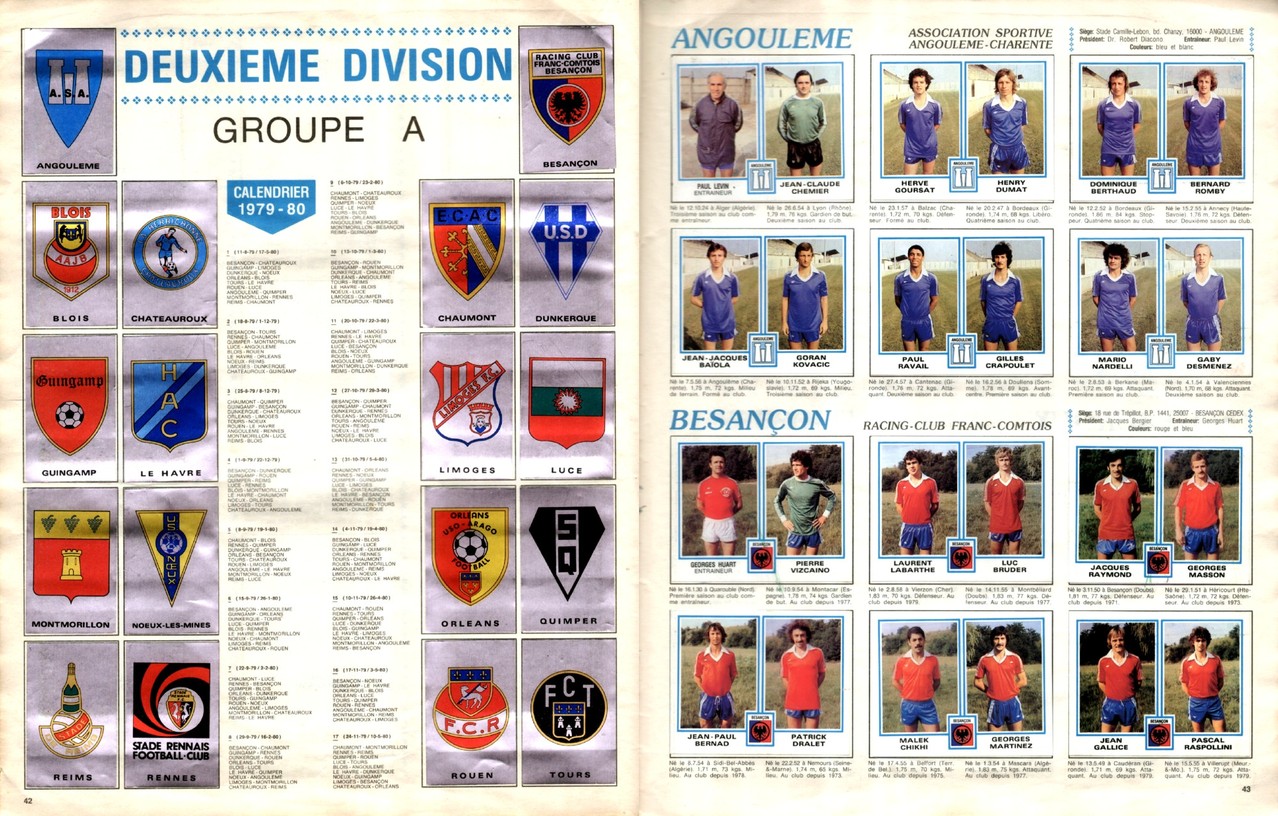 1979-80 - Panini 1980 - Pages 42 et 43 - Ecussons Deuxième Division Groupe A + AS Angoulème et RC Besançon