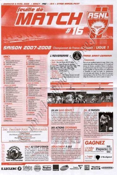 2008-04-06  Nancy-PSG (32ème L1, Feuille de Match N°16)