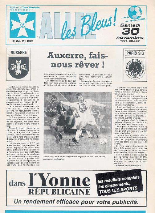 1991-11-30  Auxerre-PSG (20ème D1, Allez les Bleus N° 234)