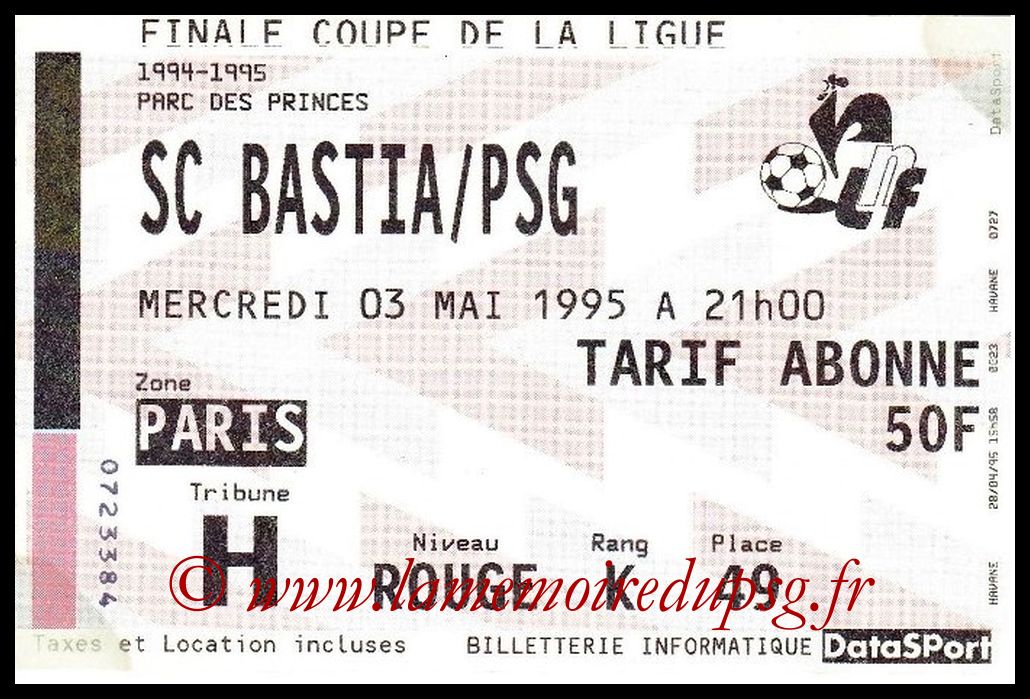 Ticket Finale CL N° 01 - 1995-05-03 - Bastia-PSG (Parc des Princes)