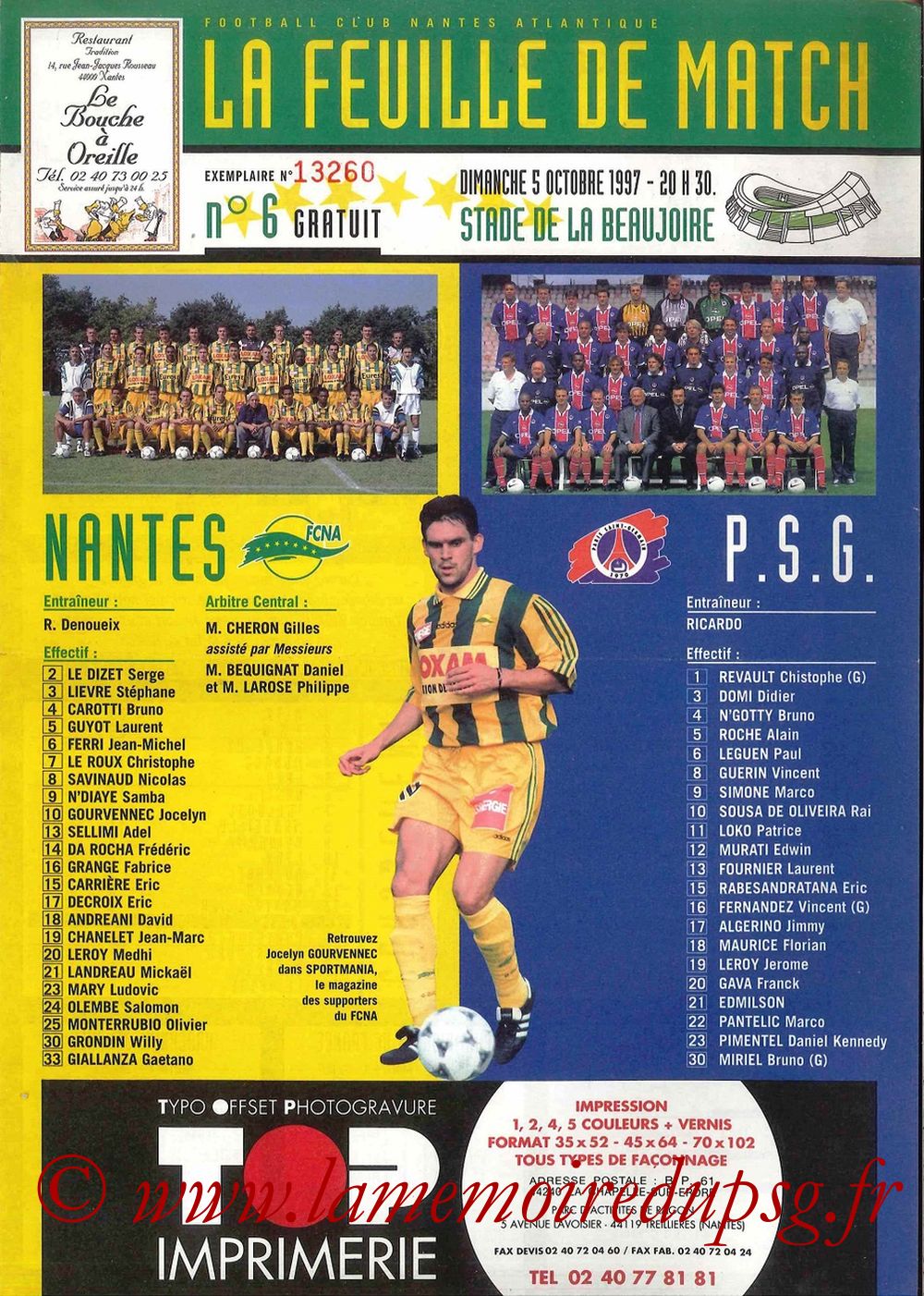 1997-10-05  Nantes-PSG (10ème D1, La Feuille de Match N°6)