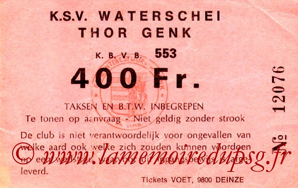 Ticket  Waterschei-PSG  1982-83