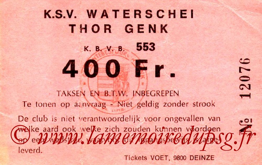 Ticket  Waterschei-PSG  1982-83