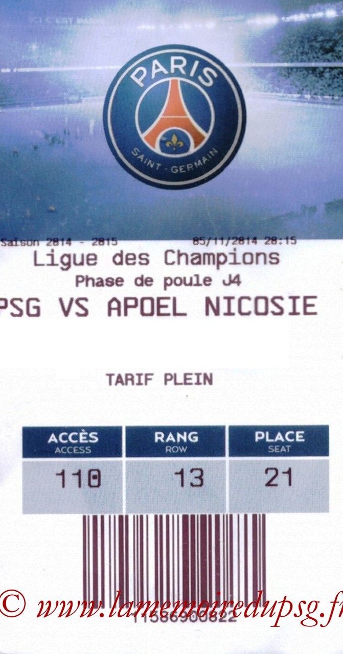 2014-11-05  PSG-Apoel Nicosie (4ème Poule C1, E-ticket)