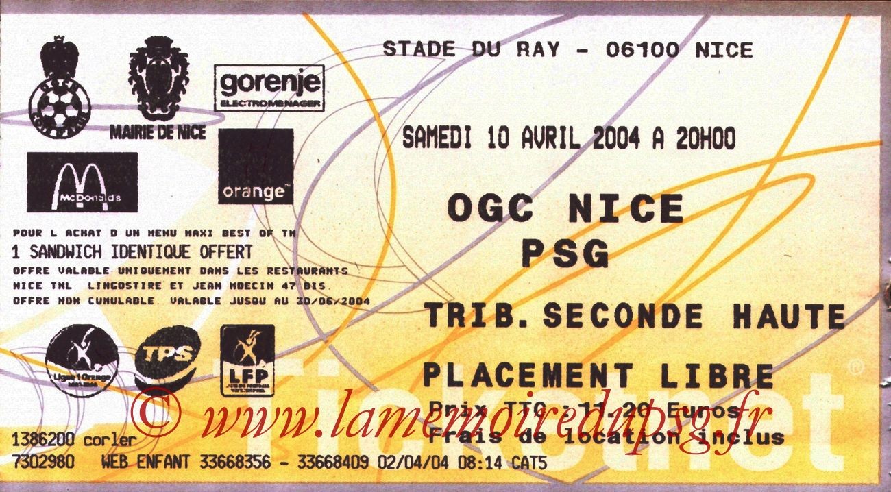 2004-04-10   Nice-PSG (32ème L1, Ticketnet)