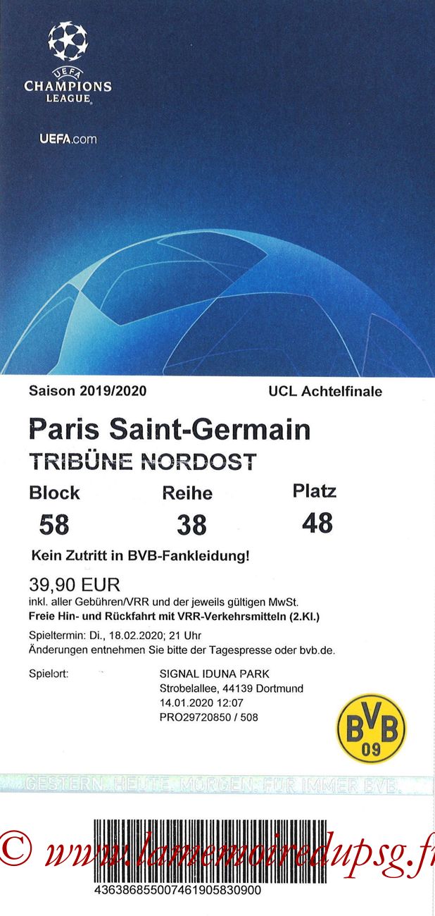 Ticket  Borussia Dortmund-PSG  2018-19